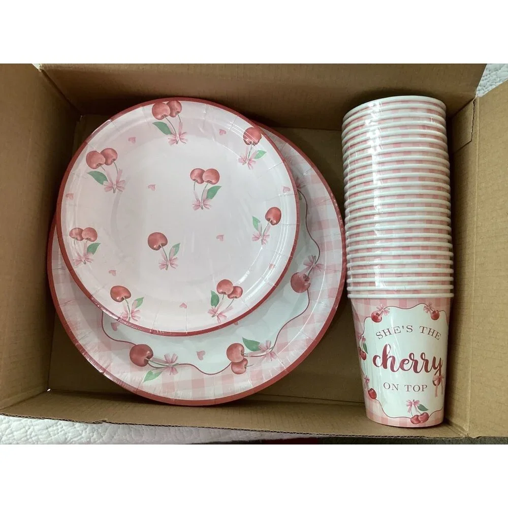 Best Wishes Cherry-Themed Party Set For 24 Guests*Plates*Cups* Cutlery & Napkins